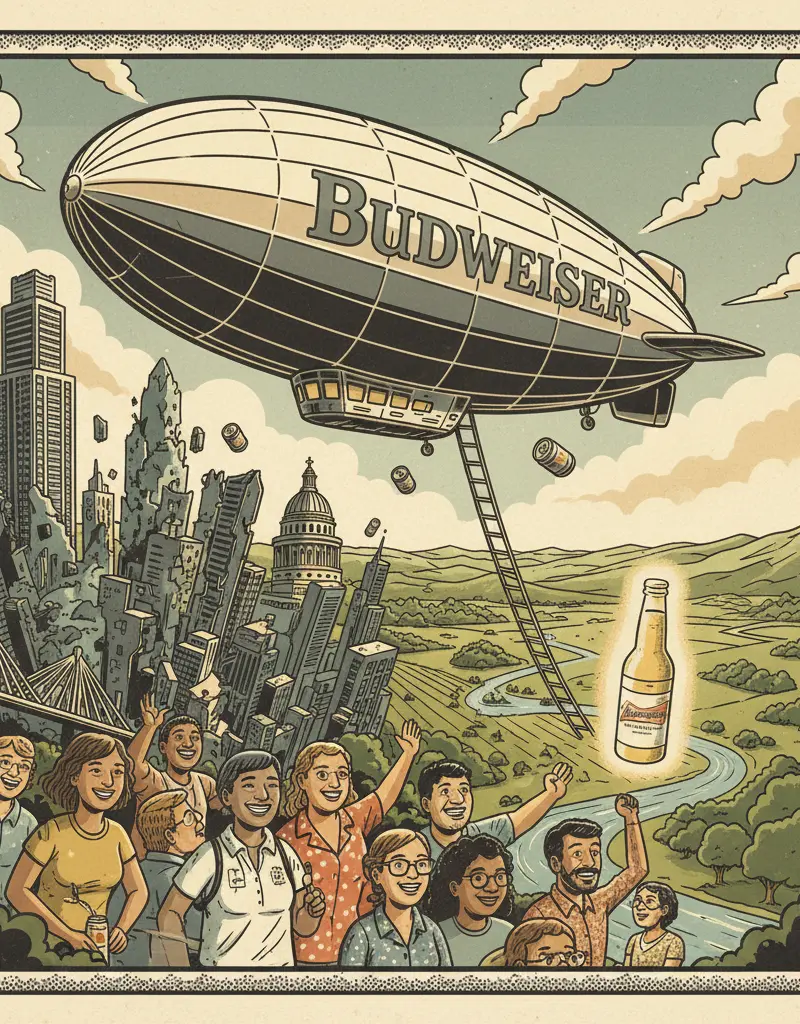 Editorial illustration: BUDWEISER OFFERS ESCAPISM FROM DYSTOPIA