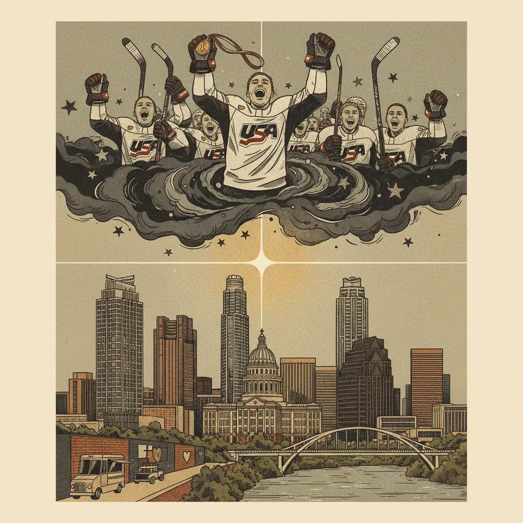Editorial illustration: US WOMEN'S HOCKEY TEAM WINS GOLD, DELIVERING AMERICA FROM THE VOID FOR 72 HOURS