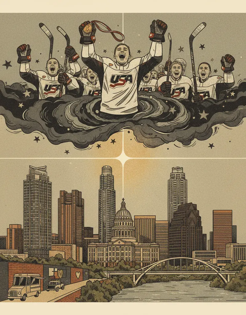 Editorial illustration: US WOMEN'S HOCKEY TEAM WINS GOLD, DELIVERING AMERICA FROM THE VOID FOR 72 HOURS