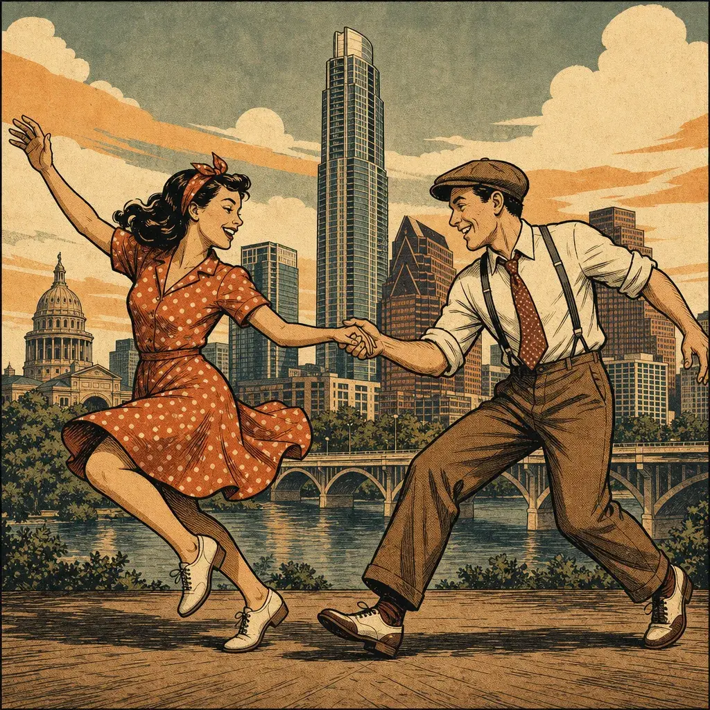 Editorial illustration: BLANTON MUSEUM OFFERS 10 HOURS OF SWING LESSONS SO YOU CAN EMBARRASS YOURSELF WITH CULTURE