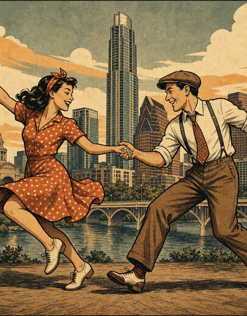 Editorial illustration: BLANTON MUSEUM OFFERS 10 HOURS OF SWING LESSONS SO YOU CAN EMBARRASS YOURSELF WITH CULTURE