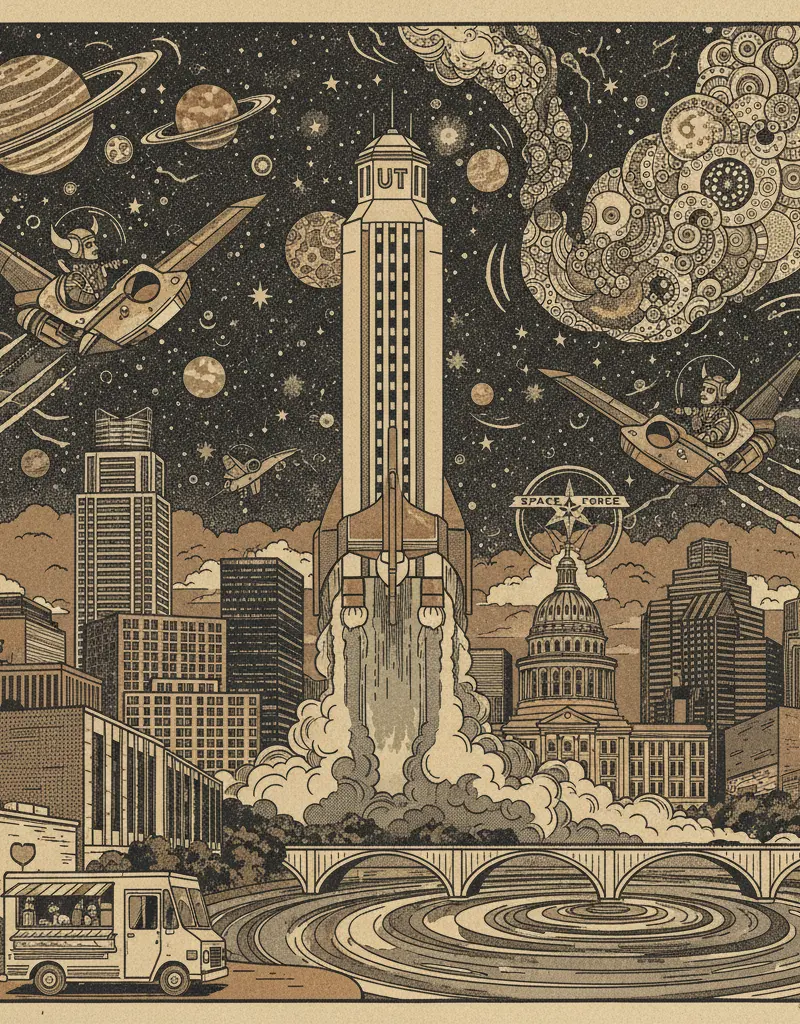 Editorial illustration: UT AUSTIN JOINS THE SPACE FORCE TO FIGHT... SOMETHING?