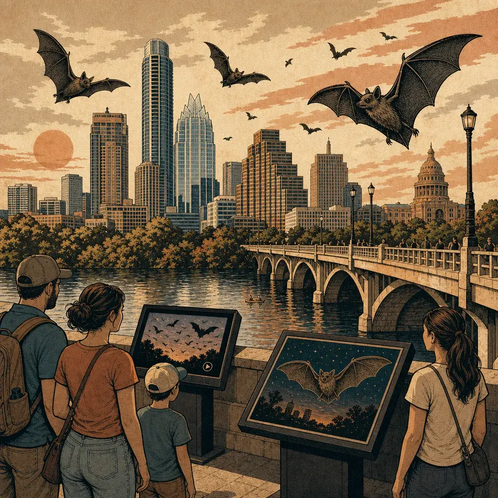Editorial illustration: WE'RE GIVING A TED TALK TO BATS: BAT CITY INSTALLS INTERPRETIVE SIGNS AND VIDEOS AT CONGRESS BRIDGE, DEBUTS AUG. 26