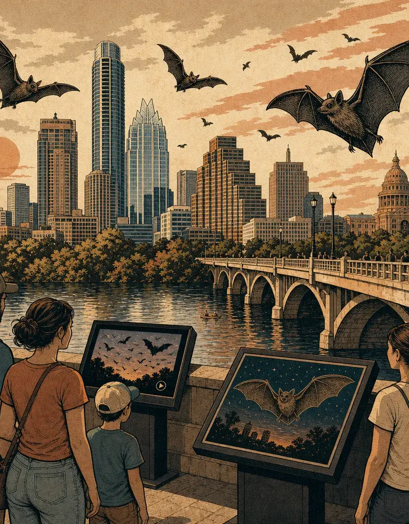 Editorial illustration: WE'RE GIVING A TED TALK TO BATS: BAT CITY INSTALLS INTERPRETIVE SIGNS AND VIDEOS AT CONGRESS BRIDGE, DEBUTS AUG. 26