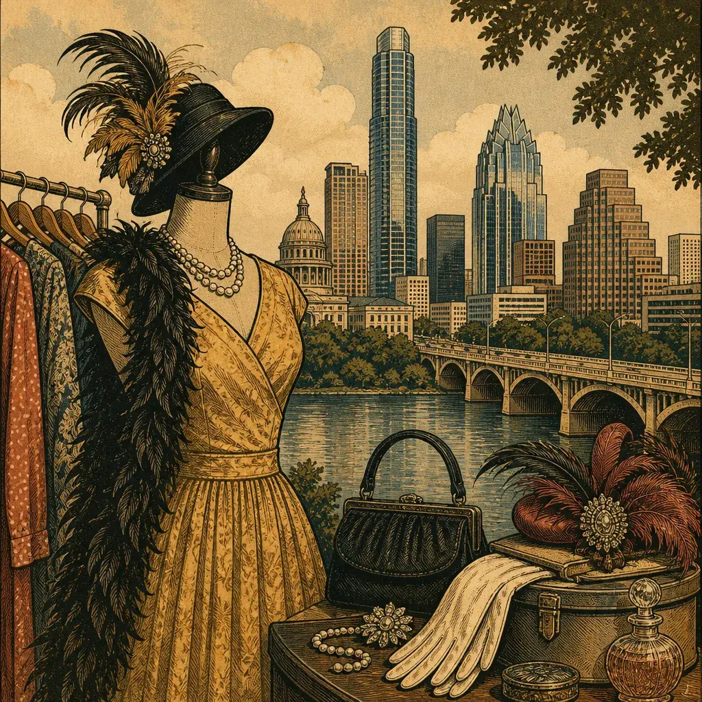 Editorial illustration: THE PAST DRESSED UP FOR ONE MORE NIGHT: FEATHERS VINTAGE REOPENS ON SOUTH CONGRESS SEPT. 3, 5–8 PM