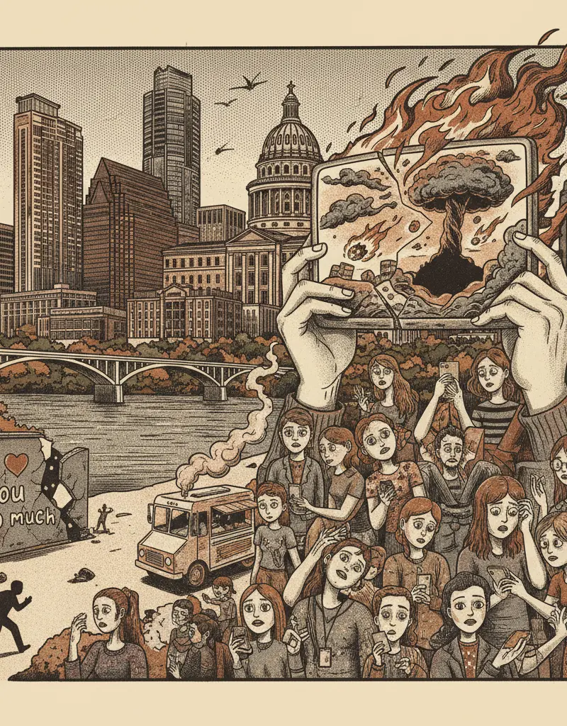 Editorial illustration: STATISTICAL ANOMALY: VIOLENT CRIME DROPS WHILE WE'RE ALL DISTRACTED BY THE APOCALYPSE