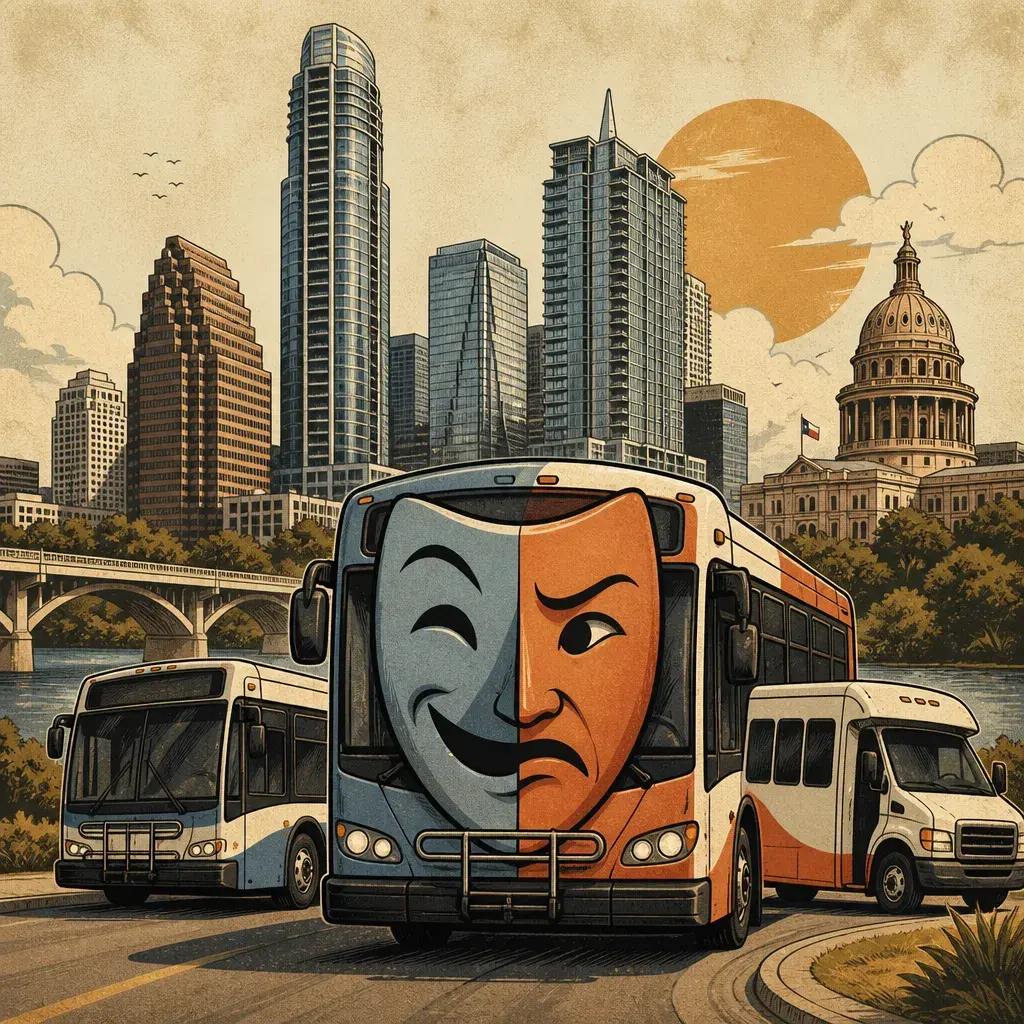 Editorial illustration: YOUR BUS ROUTE JUST GOT A NEW PERSONALITY CRISIS · CAPMETRO ADJUSTS TWO EAST AUSTIN ROUTES AND UT SHUTTLES STARTING SUNDAY
