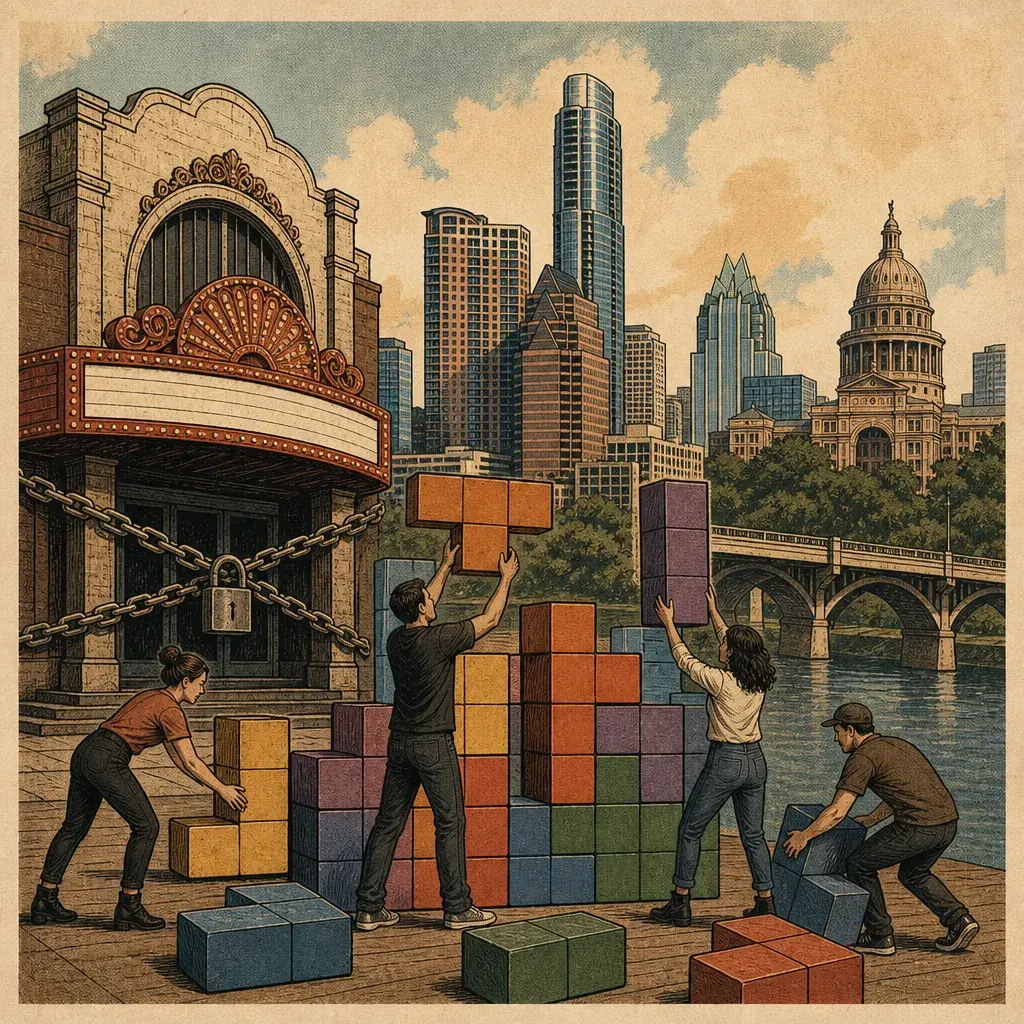 Editorial illustration: SXSW PLAYS THEATER TETRIS — PARAMOUNT CLOSED, FESTIVAL SET FOR MARCH 15–21, 2027
