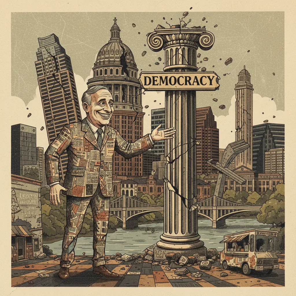 Editorial illustration: ABBOTT DECLARES IT 'A GREAT DAY' TO PARTICIPATE IN THE SLOW-MOTION COLLAPSE OF DEMOCRACY