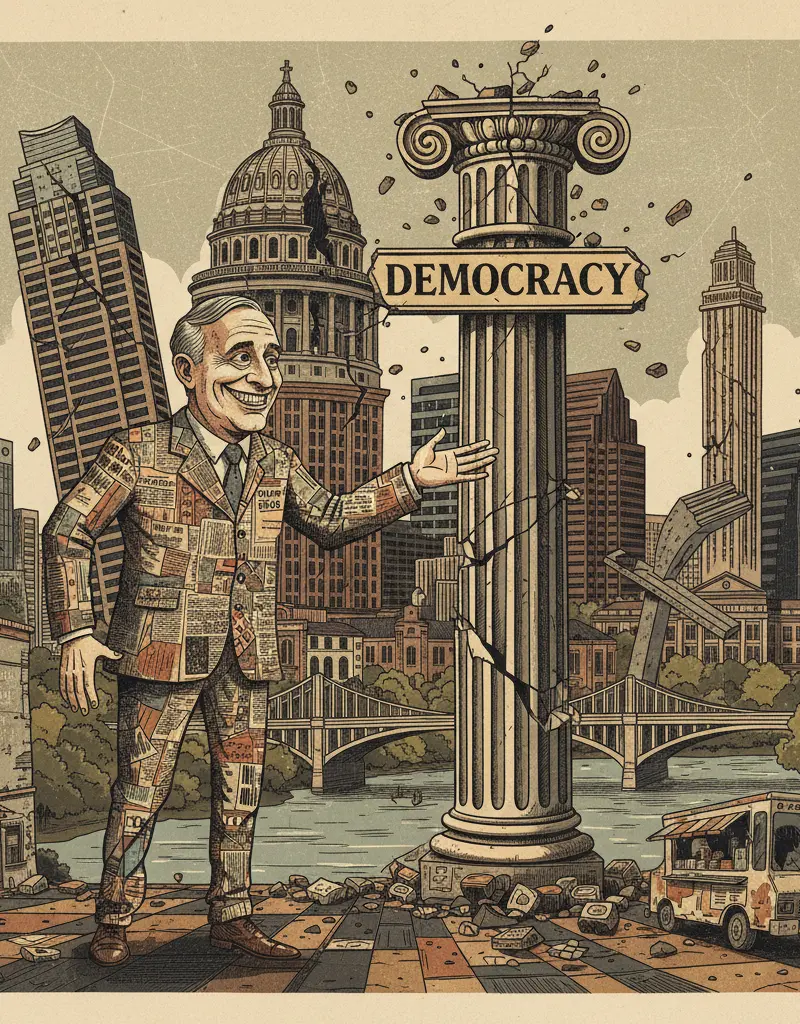 Editorial illustration: ABBOTT DECLARES IT 'A GREAT DAY' TO PARTICIPATE IN THE SLOW-MOTION COLLAPSE OF DEMOCRACY