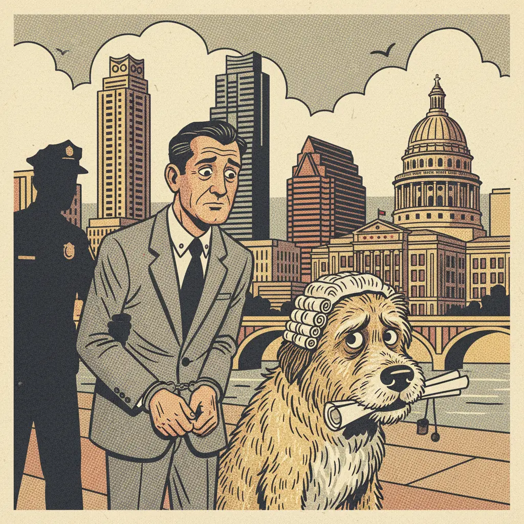 Editorial illustration: MAN ARRESTED, DOG PROBABLY WISHES HE HAD A BETTER LAWYER