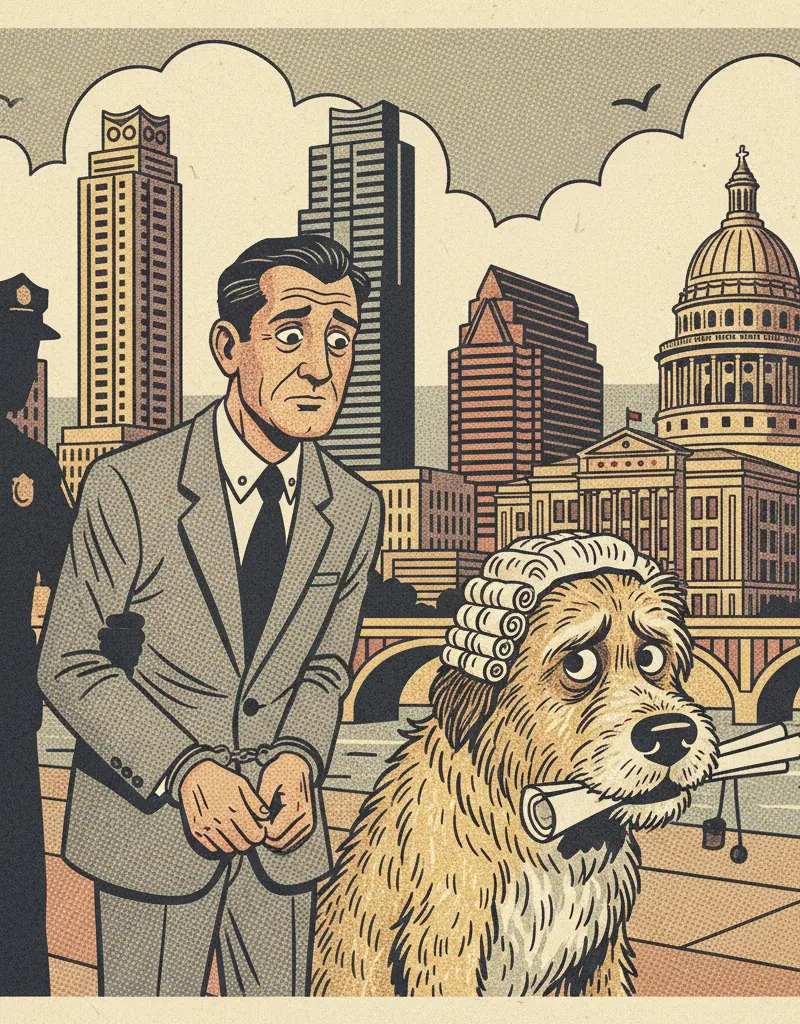 Editorial illustration: MAN ARRESTED, DOG PROBABLY WISHES HE HAD A BETTER LAWYER