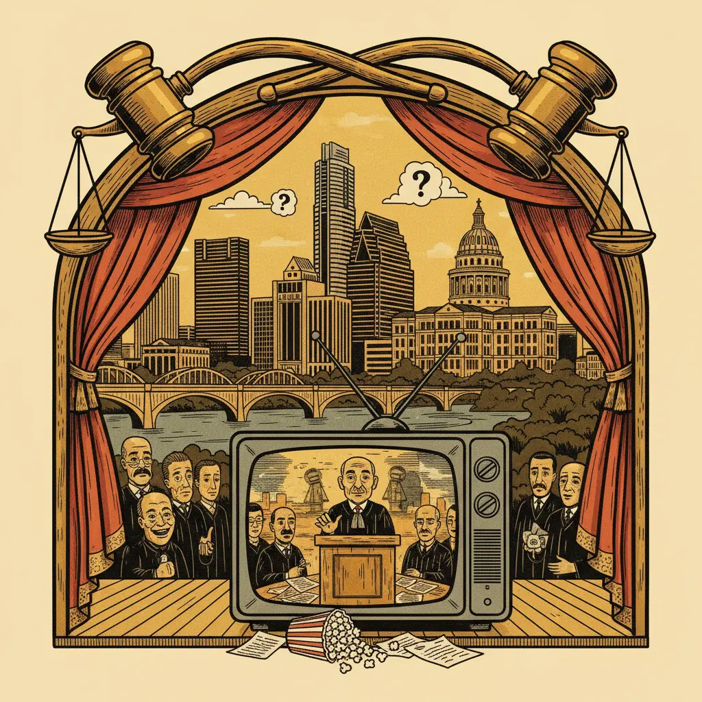 Editorial illustration: THE JUSTICE SYSTEM IS A REALITY SHOW WITH WORSE WRITING
