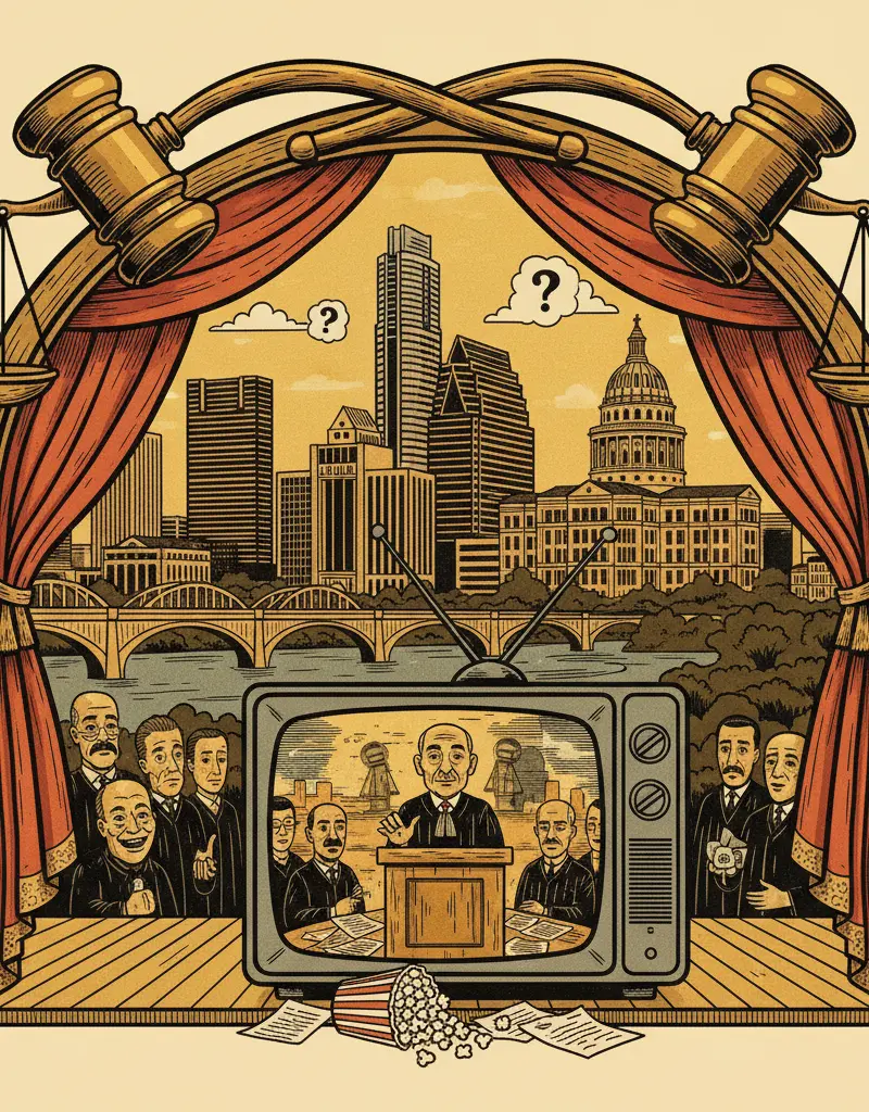 Editorial illustration: THE JUSTICE SYSTEM IS A REALITY SHOW WITH WORSE WRITING