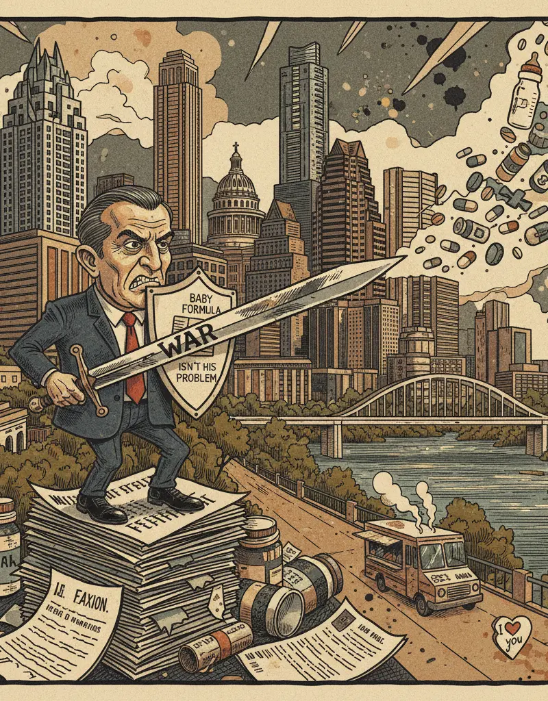 Editorial illustration: KEN PAXTON DECLARES WAR ON OUT-OF-STATE PHARMACIES, BECAUSE BABY FORMULA ISN'T HIS PROBLEM