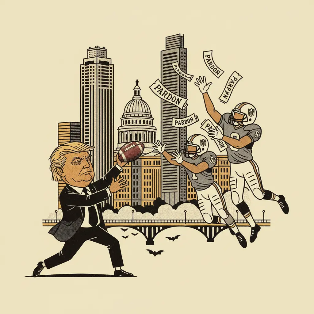 Editorial illustration: TRUMP THROWS HAIL MARY, PARDONS FORMER NFL PLAYERS