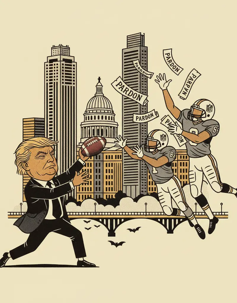 Editorial illustration: TRUMP THROWS HAIL MARY, PARDONS FORMER NFL PLAYERS