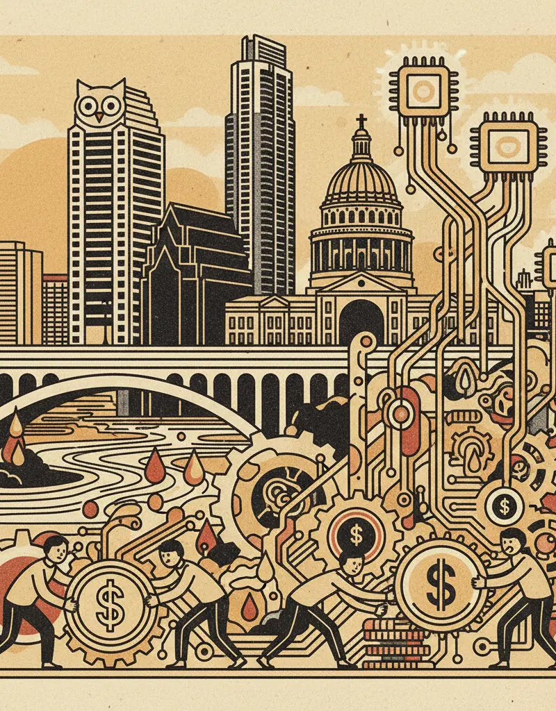 Editorial illustration: SILICON DREAMS ARE POWERED BY BLOOD AND CAPITAL