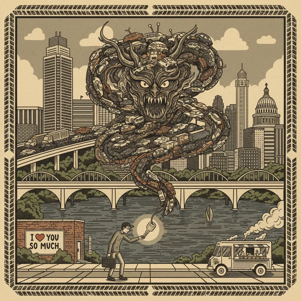 Editorial illustration: I-35 CLAIMS ANOTHER SACRIFICE TO THE GOD OF GRIDLOCK
