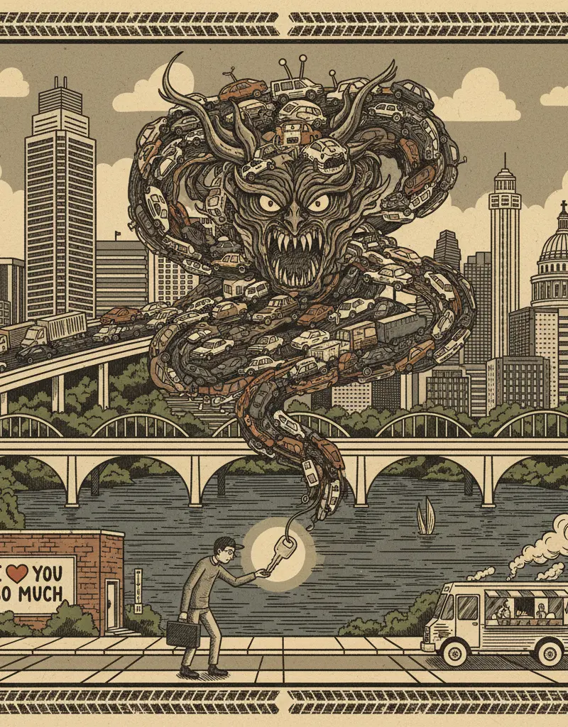 Editorial illustration: I-35 CLAIMS ANOTHER SACRIFICE TO THE GOD OF GRIDLOCK