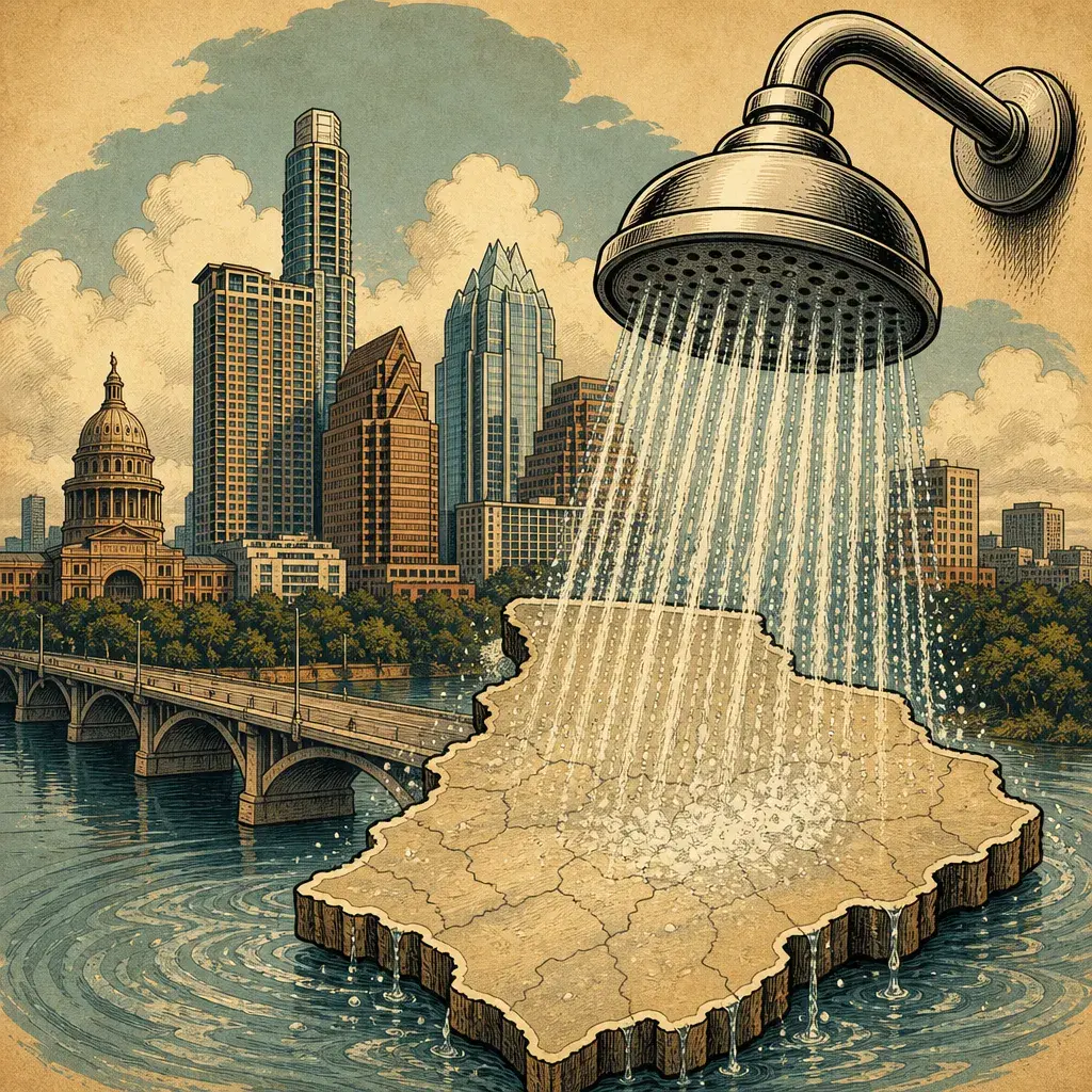 Editorial illustration: THE COUNTY'S TAKING A LONG SHOWER (OF CHLORINE) · WILLIAMSON COUNTY CITIES COORDINATE MONTH-LONG CHLORINE RINSE IN AUGUST