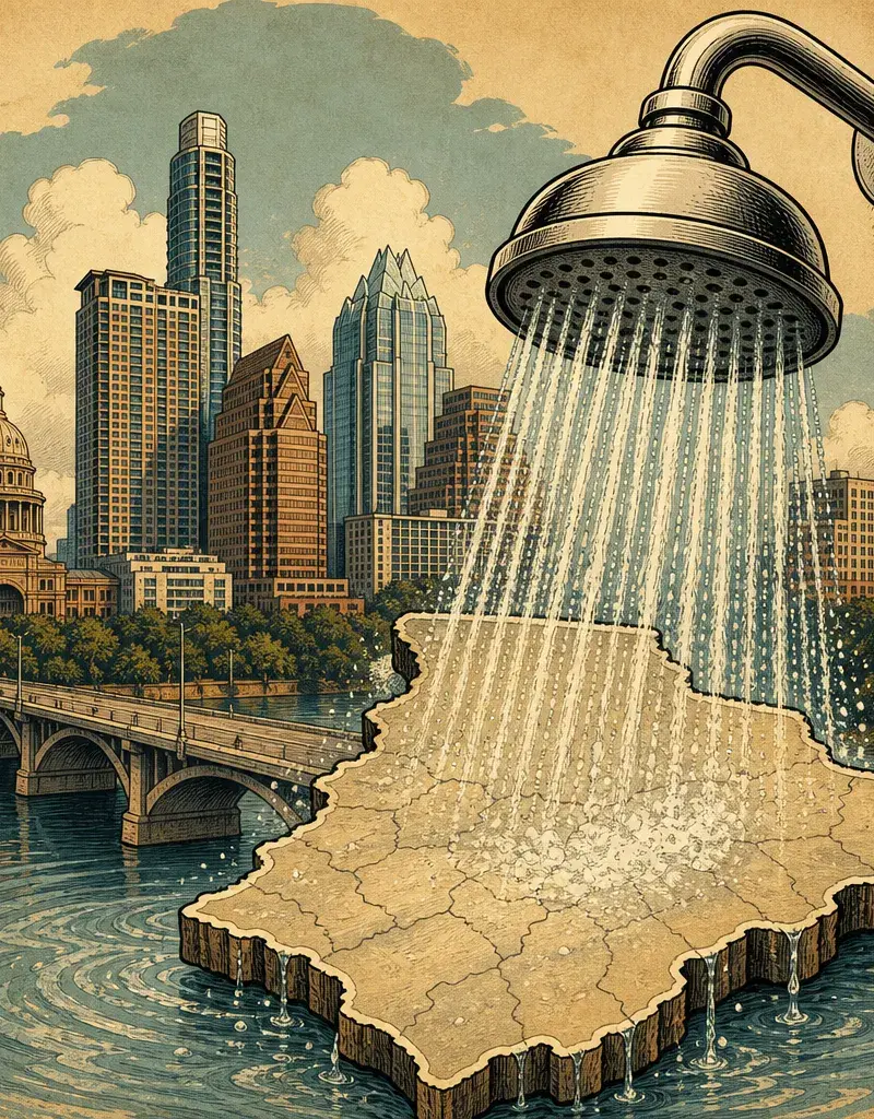 Editorial illustration: THE COUNTY'S TAKING A LONG SHOWER (OF CHLORINE) · WILLIAMSON COUNTY CITIES COORDINATE MONTH-LONG CHLORINE RINSE IN AUGUST