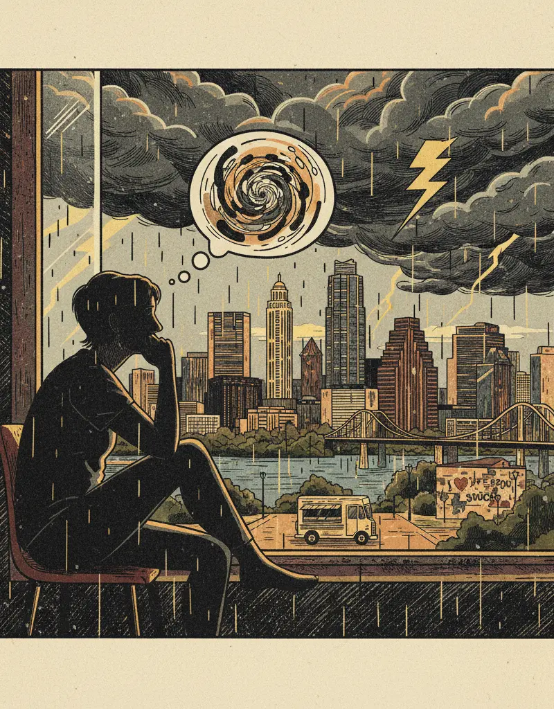 Editorial illustration: PREPARE FOR THUNDERSTORMS OR JUST STAY INSIDE AND QUESTION YOUR LIFE CHOICES
