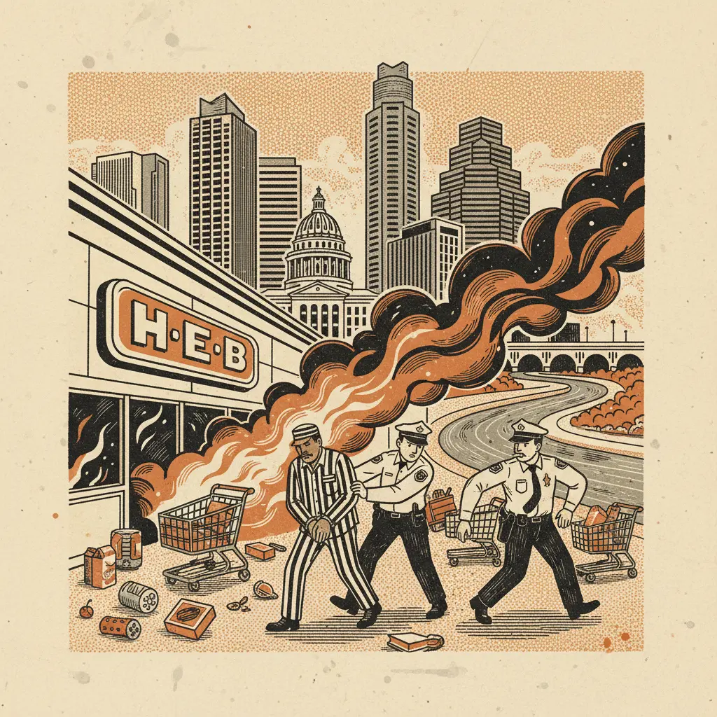 Editorial illustration: GROCERY STORE DRAMA: ARREST MADE IN RIVERSIDE H-E-B FIRE