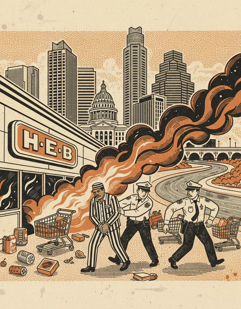 Editorial illustration: GROCERY STORE DRAMA: ARREST MADE IN RIVERSIDE H-E-B FIRE