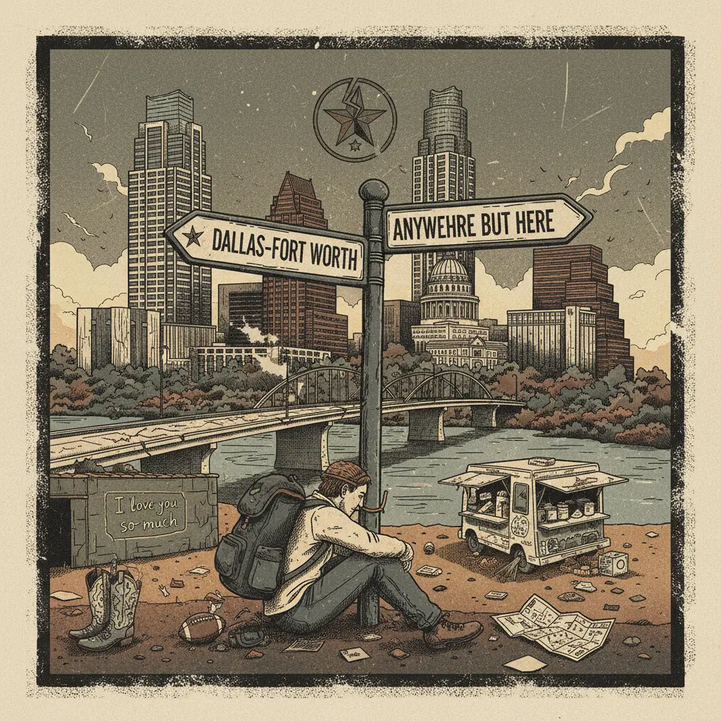 Editorial illustration: DALLAS-FORT WORTH: OFFICIALLY THE BASE CAMP OF DISAPPOINTMENT