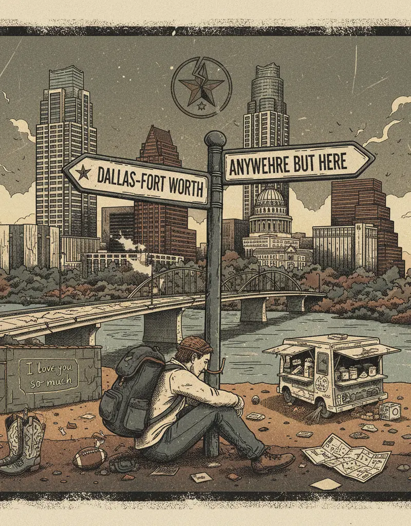 Editorial illustration: DALLAS-FORT WORTH: OFFICIALLY THE BASE CAMP OF DISAPPOINTMENT