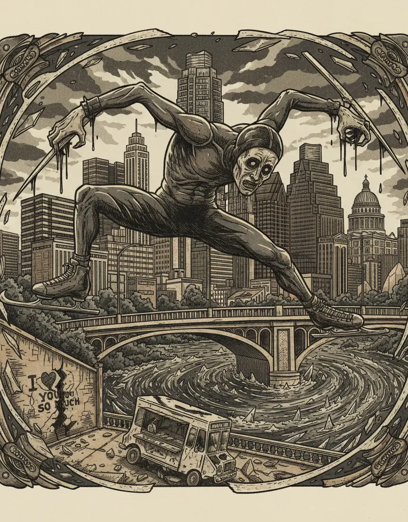 Editorial illustration: SPEEDSKATING BECOMES A HORROR FILM: A TALE OF BLADES AND BROKEN DREAMS