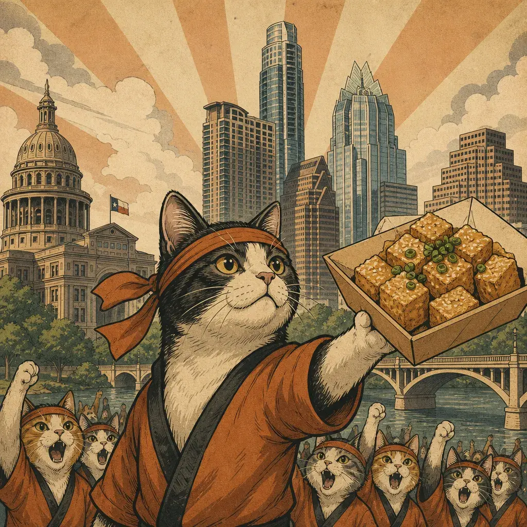 Editorial illustration: THE FRIED TOFU UPRISING BEGINS: NEKO YUBU OPENS AT 1910 GUADALUPE — FREE YUBU BOXES FOR FIRST 30 DAILY THROUGH AUG. 7