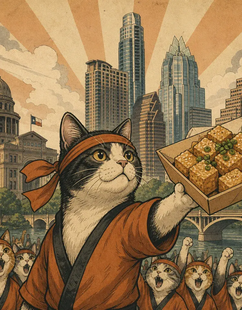Editorial illustration: THE FRIED TOFU UPRISING BEGINS: NEKO YUBU OPENS AT 1910 GUADALUPE — FREE YUBU BOXES FOR FIRST 30 DAILY THROUGH AUG. 7