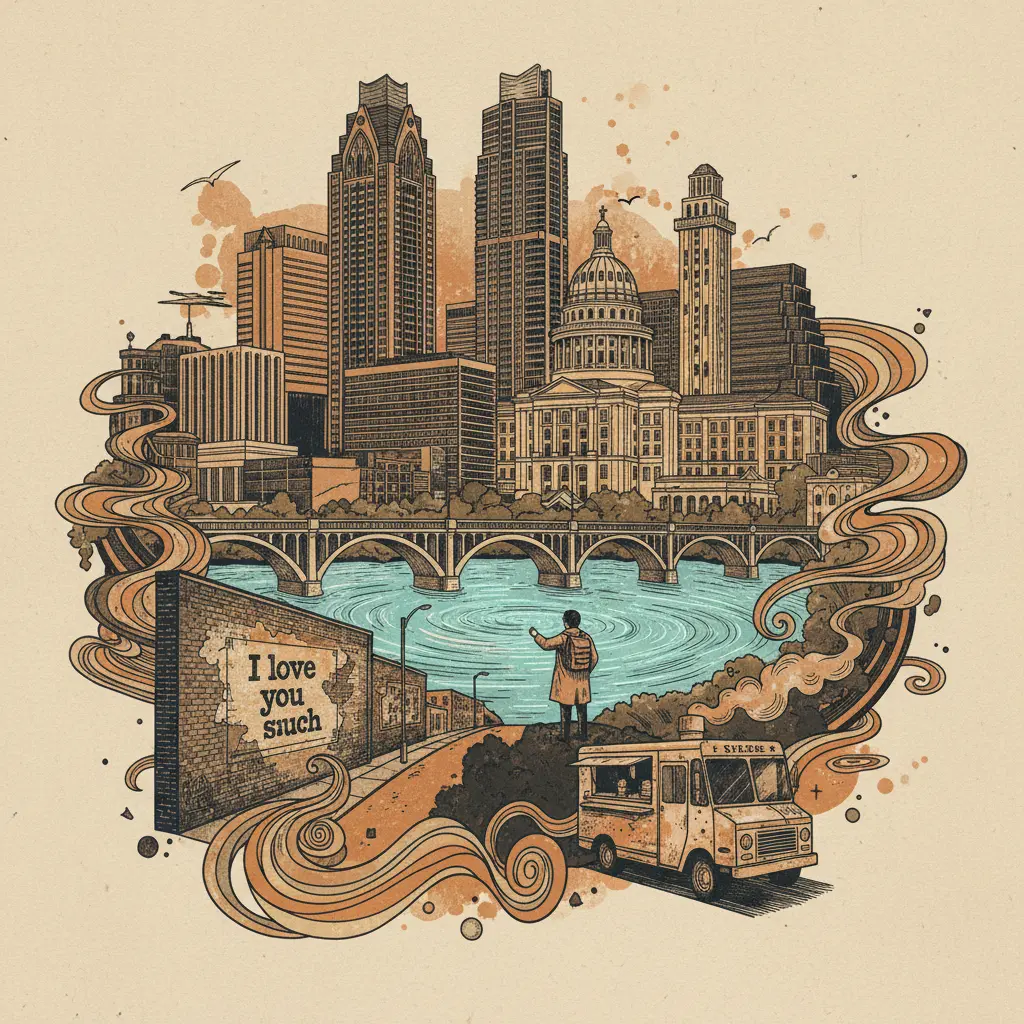 Editorial illustration: ESCAPE THE DYSTOPIA: SEE THE BLUE GLOW OF GALVESTON BEFORE IT'S A TIKTOK TREND