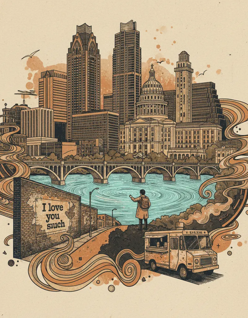 Editorial illustration: ESCAPE THE DYSTOPIA: SEE THE BLUE GLOW OF GALVESTON BEFORE IT'S A TIKTOK TREND