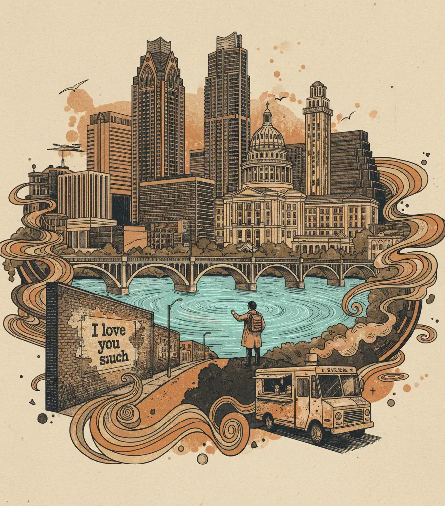 Editorial illustration: ESCAPE THE DYSTOPIA: SEE THE BLUE GLOW OF GALVESTON BEFORE IT'S A TIKTOK TREND