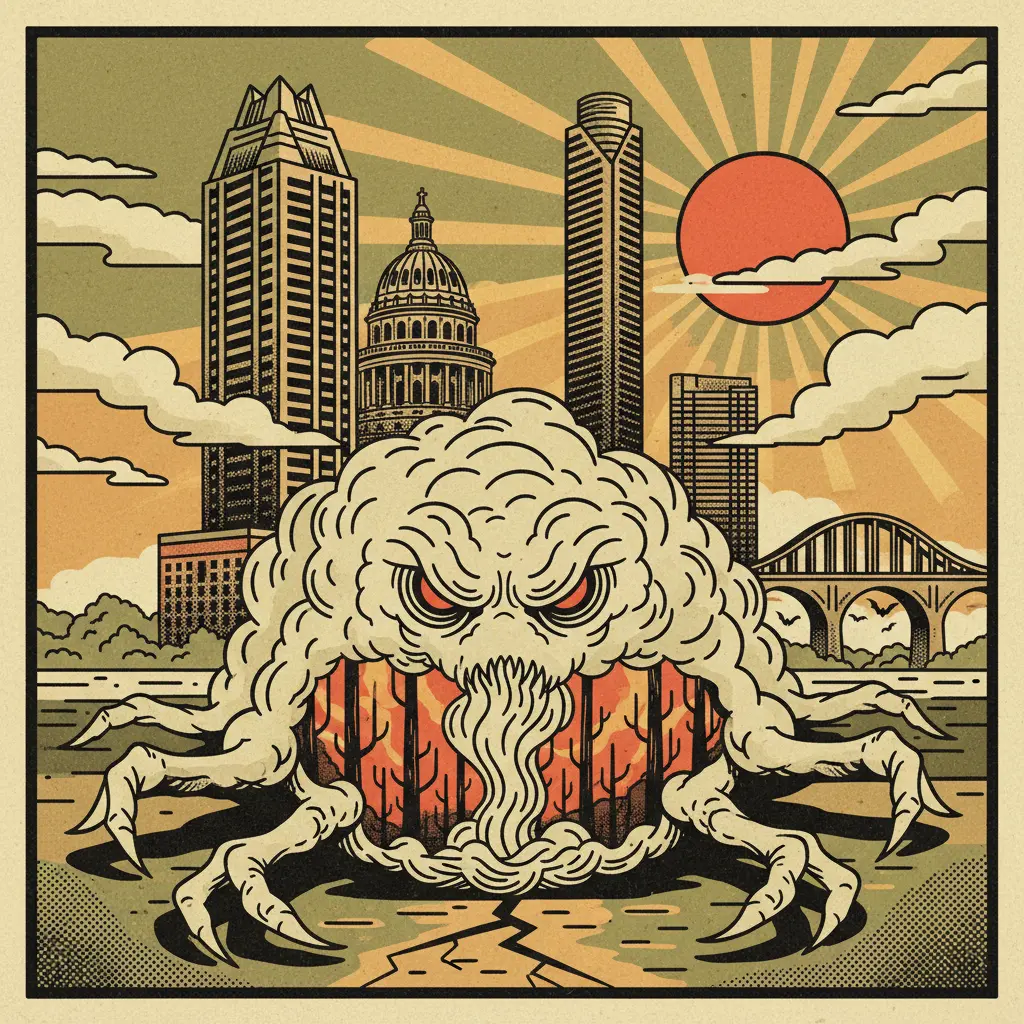 Editorial illustration: BASTROP SMELLS LIKE THE END TIMES