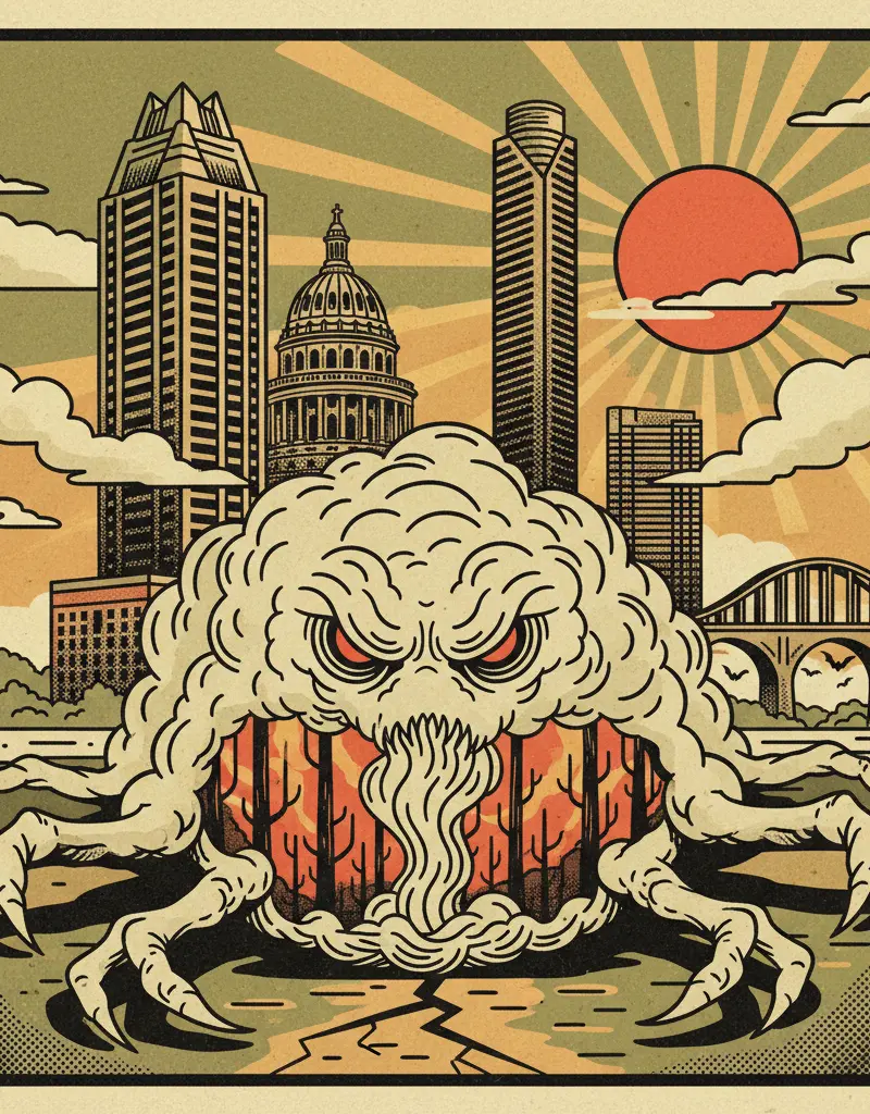 Editorial illustration: BASTROP SMELLS LIKE THE END TIMES