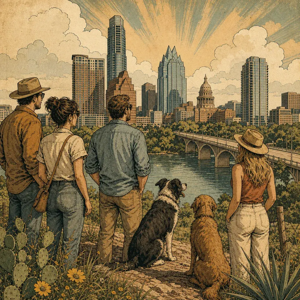 Editorial illustration: PROOF A FULL DAY OFF EXISTS: FOUR FRIENDS AND TWO DOGS SURVIVE 24 HOURS IN MARBLE FALLS