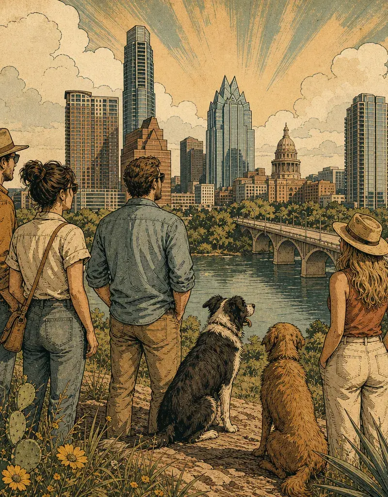 Editorial illustration: PROOF A FULL DAY OFF EXISTS: FOUR FRIENDS AND TWO DOGS SURVIVE 24 HOURS IN MARBLE FALLS