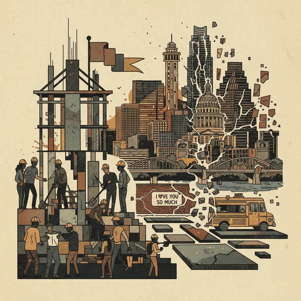 Editorial illustration: AISD BREAKS GROUND ON AFFORDABLE HOUSING WHILE AUSTIN BREAKS APART