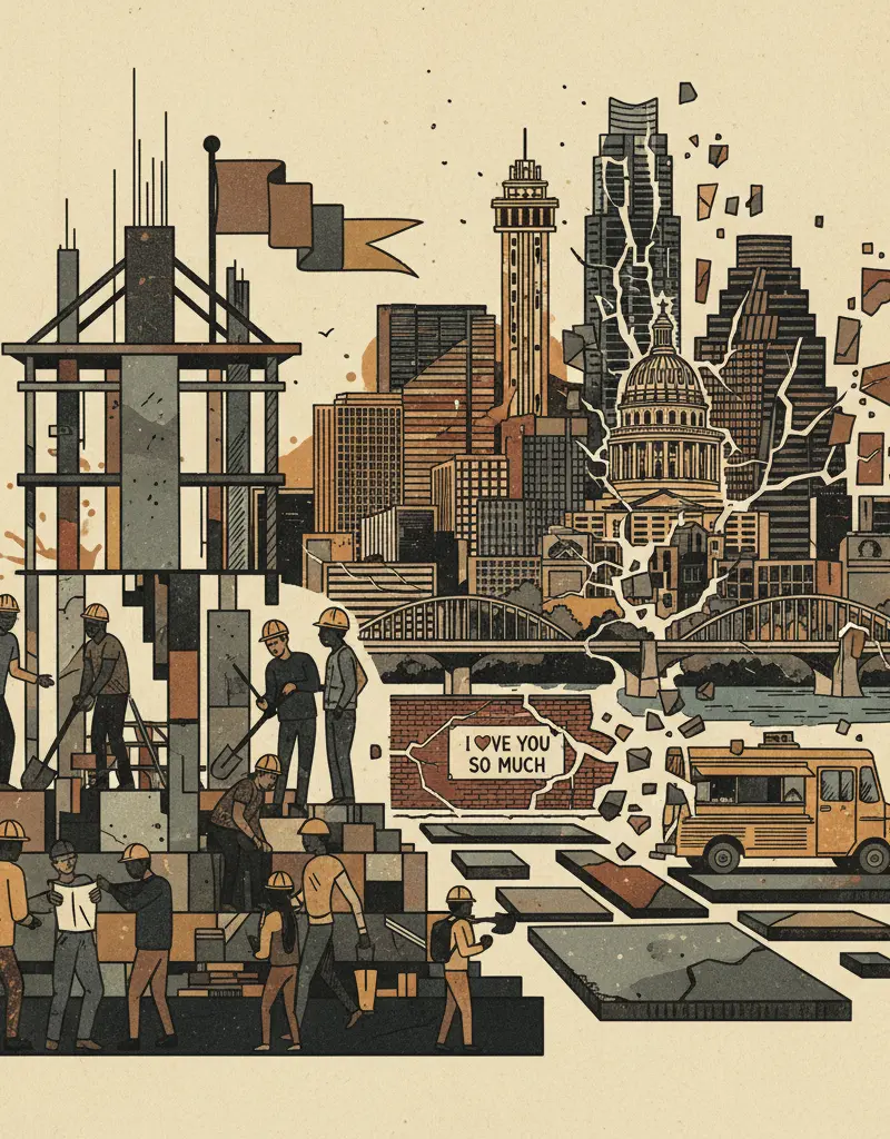 Editorial illustration: AISD BREAKS GROUND ON AFFORDABLE HOUSING WHILE AUSTIN BREAKS APART