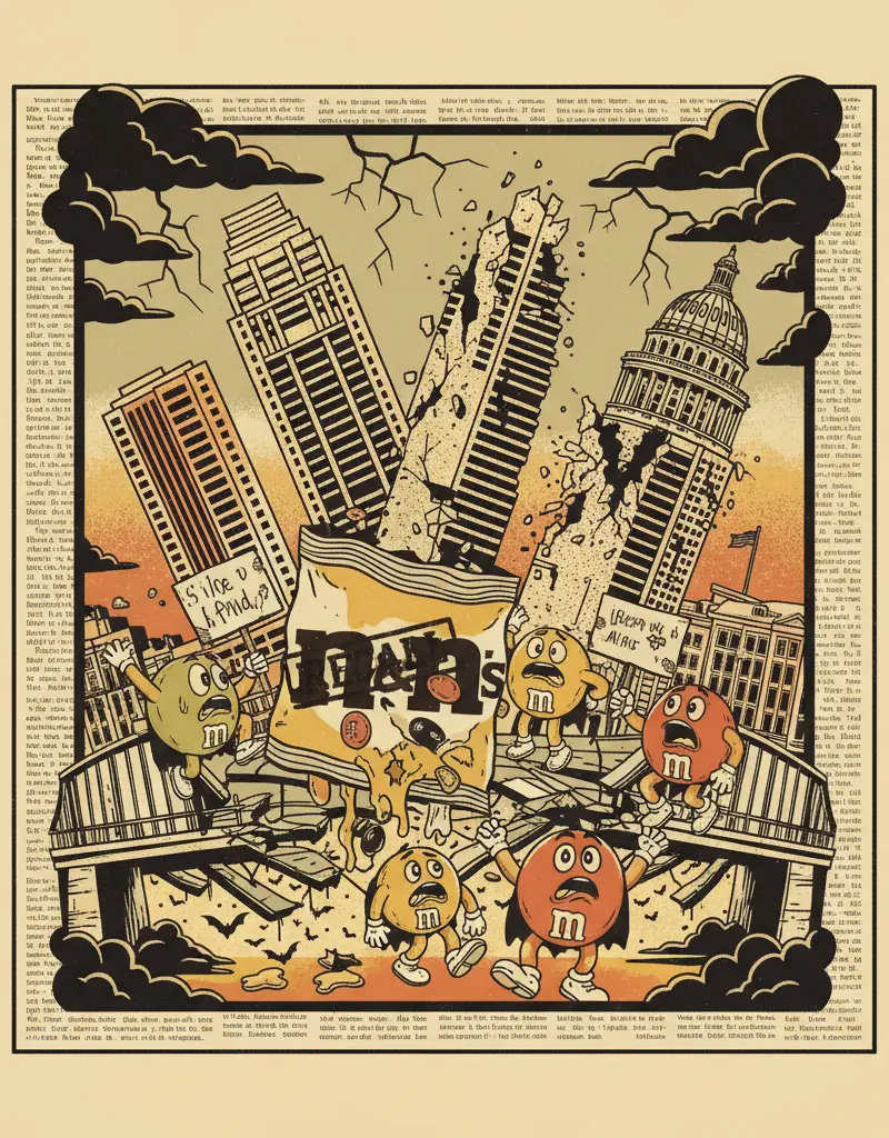 Editorial illustration: THE END IS NEAR. AND ALSO, RECALLED M&M'S.