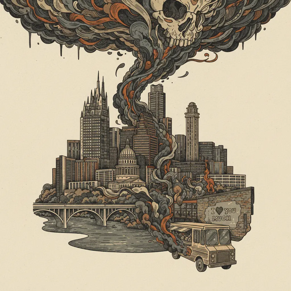Editorial illustration: WATCH US 290 GO UP IN SMOKE WHILE YOU PONDER YOUR MORTALITY