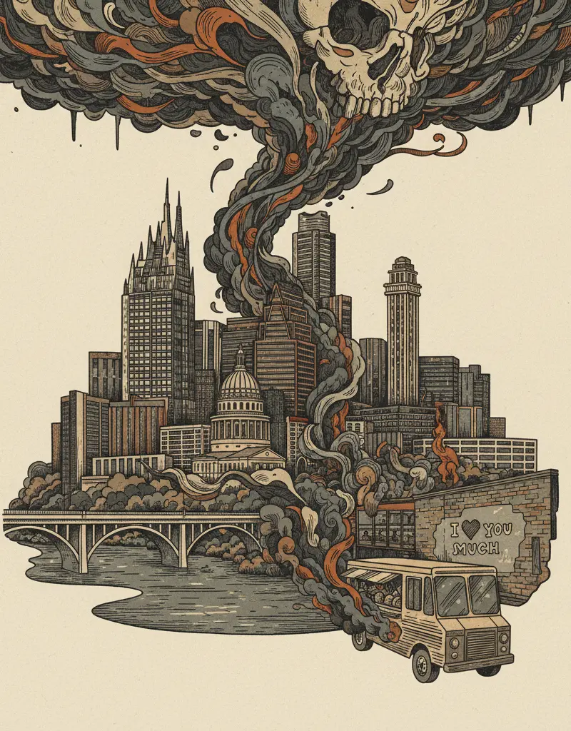 Editorial illustration: WATCH US 290 GO UP IN SMOKE WHILE YOU PONDER YOUR MORTALITY