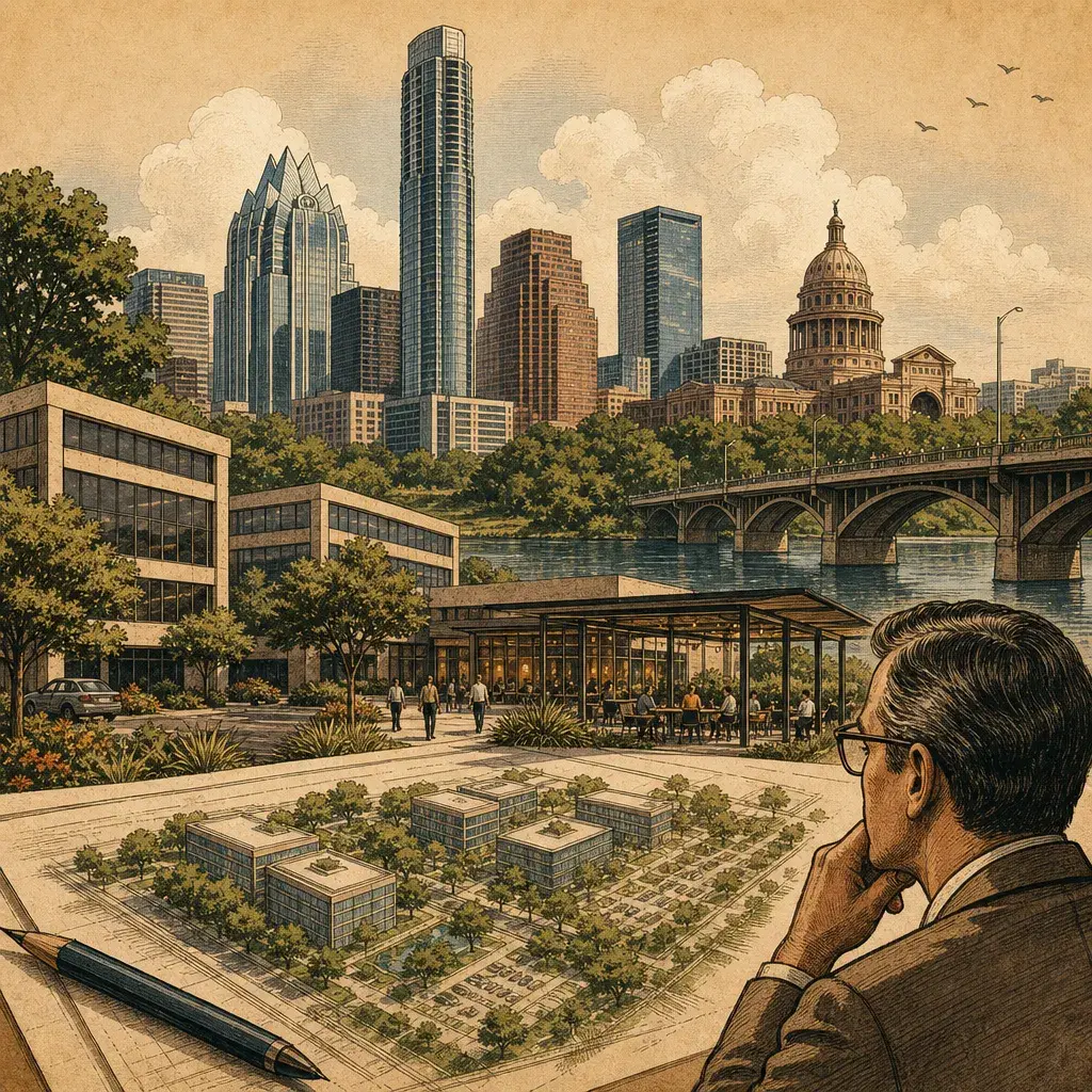 Editorial illustration: THE OFFICE PARK GETS A MEMORY UPGRADE; STECK & MOPAC REZONING MOVES FORWARD UNDER DB90