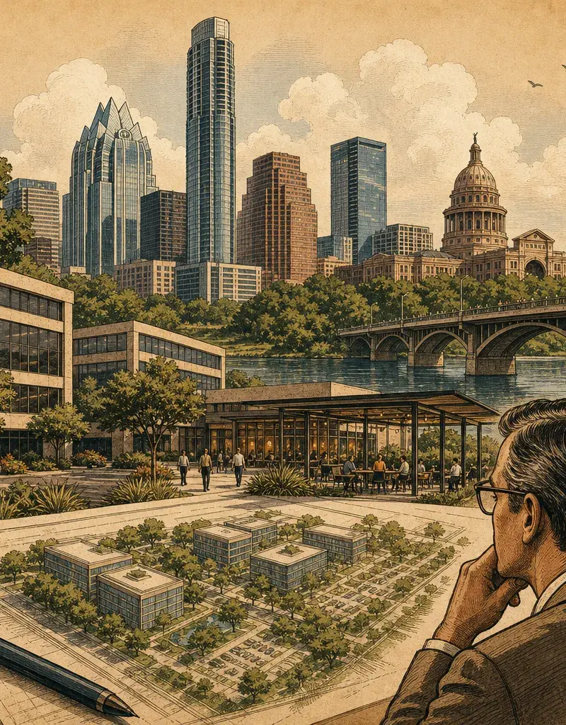 Editorial illustration: THE OFFICE PARK GETS A MEMORY UPGRADE; STECK & MOPAC REZONING MOVES FORWARD UNDER DB90