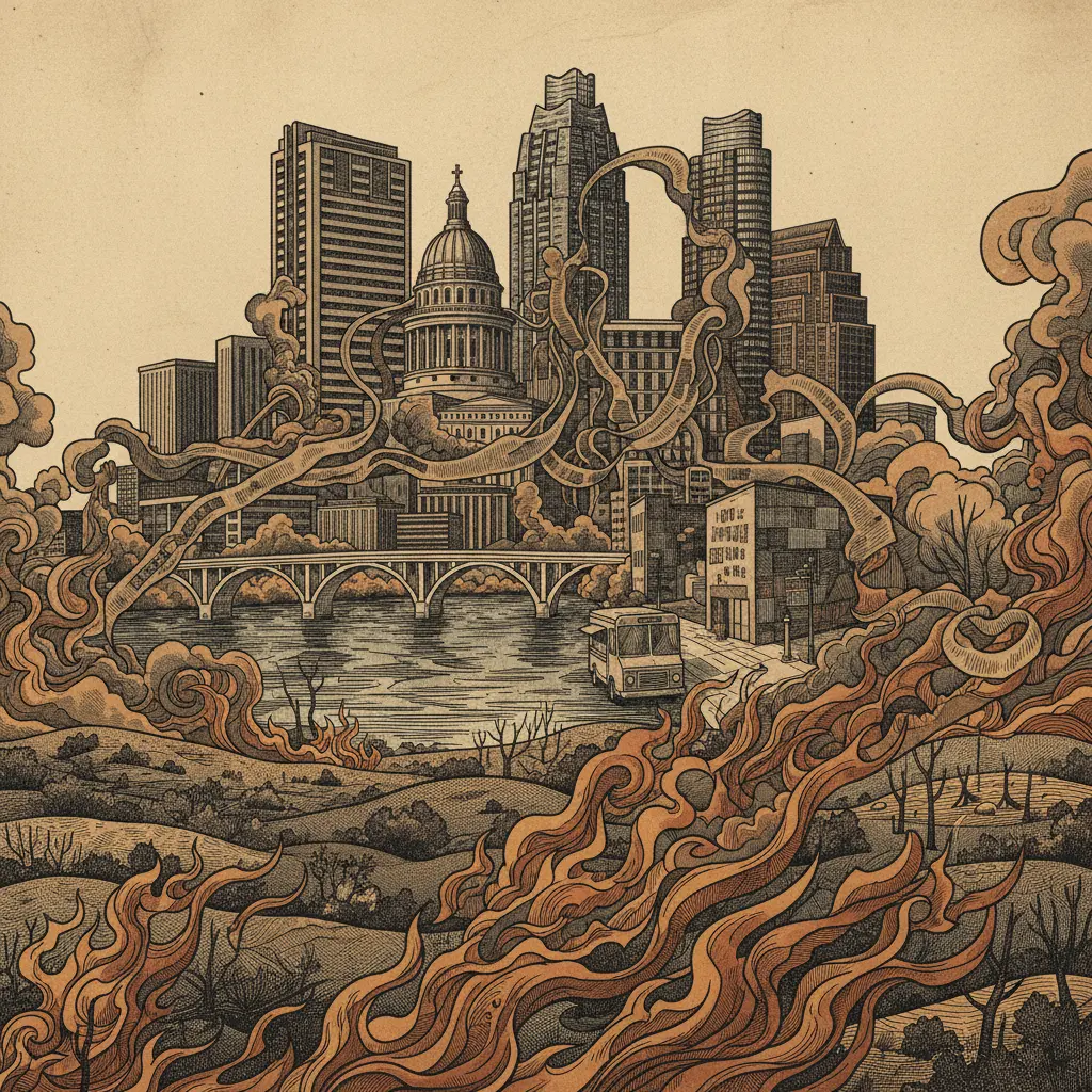 Editorial illustration: TEXAS PANHANDLE SEES NATURE REPEAT ITS MISTAKES: FIRE EDITION