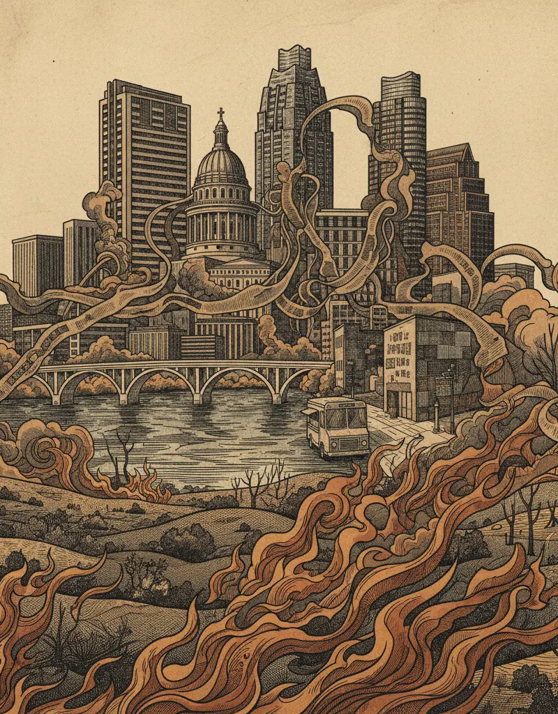 Editorial illustration: TEXAS PANHANDLE SEES NATURE REPEAT ITS MISTAKES: FIRE EDITION